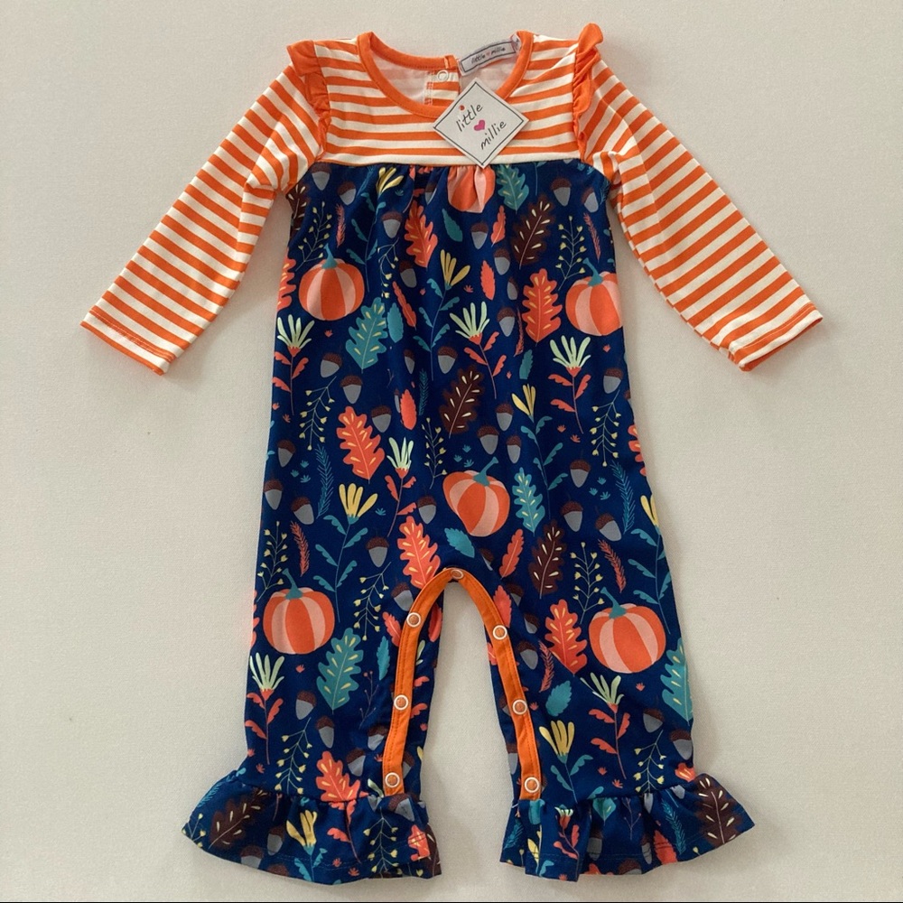 Little Millie Baby Girl 12 Months Orange Pumpkin Romper Ruffle Fall